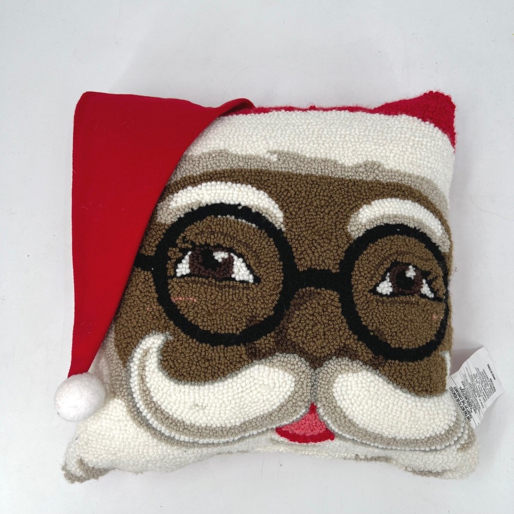 Black Santa Claus Hooked Tufted Pillow Red Velvet Hat Christmas Decor